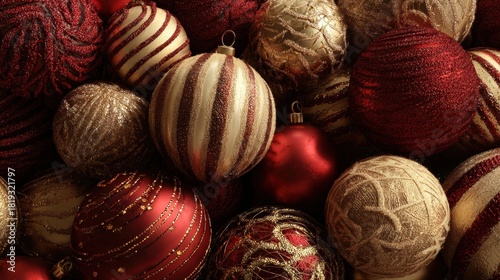 Christmas ornaments background red and gold sparkling decorations