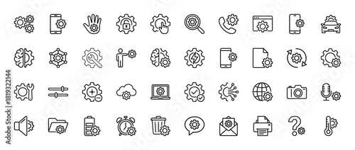Technology settings line icon set. Vector pictograms of smartphones, tools, security, development, analytics, cloud, and process management, thin linear illustration.