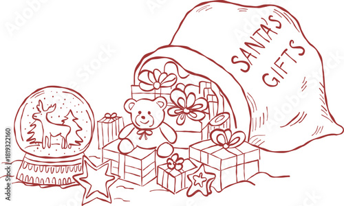 Hand drawn Christmas gift scene with Santa’s sack, teddy bear, snow globe, stars and holiday presents in vintage sketch style