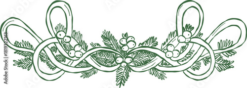 Hand drawn Christmas garland with ribbons, mistletoe and winter greenery. Elegant festive holiday decoration in vintage sketch style