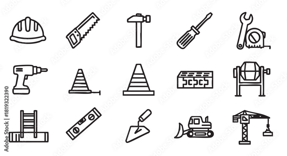 Fototapeta premium Construction Tools Collection Featuring Hard Hat Drill Saw and Spirit Level