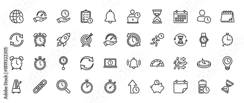 Time management line icon set. Vector pictograms of alarm clocks, hourglasses, calendars, stopwatches, wrist watches, global time, deadlines, and efficiency concepts, thin linear illustration.