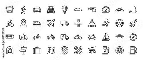 Transportation and travel line icon set. Vector pictograms of car, bus, train, airplane, ship, helicopter, bicycle, truck, ambulance, map, compass, drone, cable car, thin linear illustration.