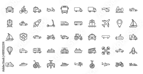 Transportation line icon set. Vector pictograms of cars, buses, trucks, trains, planes, ships, bicycles, and ambulances, thin linear illustration.