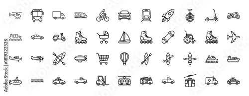 Global transportation and vehicle line icon set. Vector pictograms of cars, buses, trucks, trains, airplanes, ships, bicycles, helicopters, and kayaks, thin linear illustration.