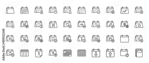 Calendar and planning line icon set. Vector pictograms of date, schedule, event, appointment, reminder, task, note, and daily agenda, thin linear illustration.