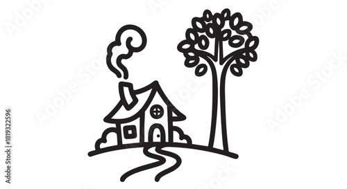 Cozy house with chimney smoke outline drawing vector illustration