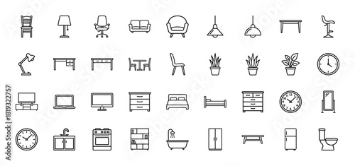 Household furniture and appliance line icon set. Vector pictograms of sofas, beds, chairs, tables, clocks, plants, refrigerators, and washing machines, thin linear illustration.
