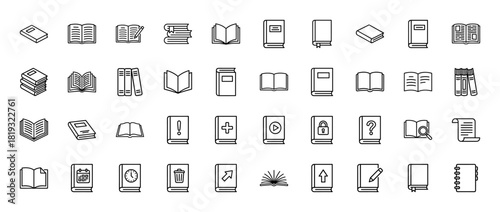 Education line icon set. Vector pictograms of closed books, open books, stacked books, shelves, bookmark, editing, and search symbols, thin linear illustration.