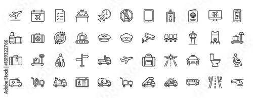 Airport travel line icon set. Vector pictograms of airplane, passport, luggage, control tower, security, check-in, passenger, airport bus, baggage claim, boarding pass, thin linear illustration.