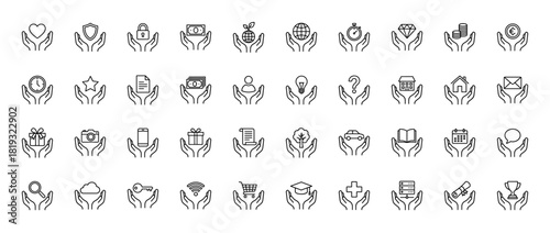 Service and protection line icon set. Vector pictograms of heart, shield, money, house, book, smartphone, car, and trophy, thin linear illustration.
