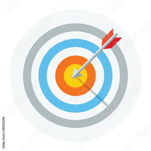 Vector illustration of arrow hitting the center of target isolated on, achieving goal