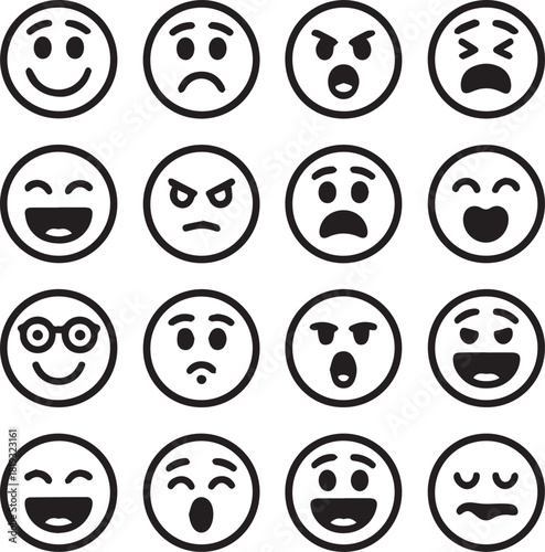 A collection of sixteen different black and white emoji faces with varying emotions