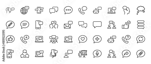 Communication line icon set. Vector pictograms of chat bubbles, globe, smartphone, telephone, people, and robot, thin linear illustration.