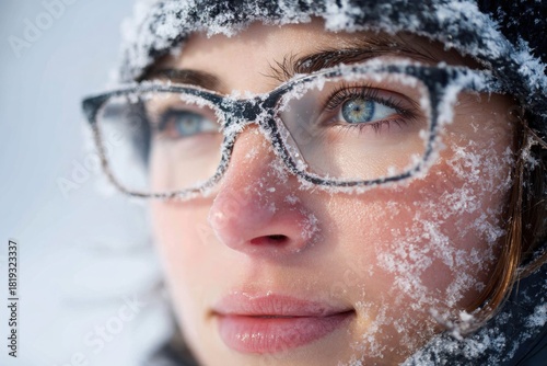Woman with frosted glasses exploring cold winter outdoors