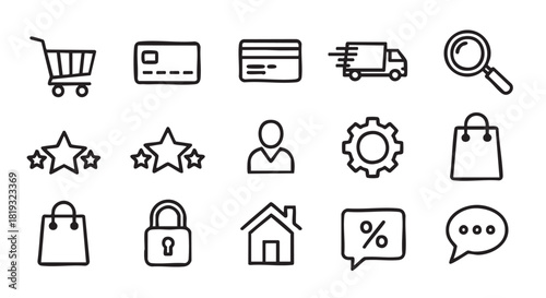 E commerce icons set with shopping cart credit card and ratings