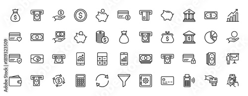 Finance line icon set. Vector pictograms of ATM, money bag, piggy bank, credit card, bank, charts, wallet, mobile payment, and currency exchange, thin linear illustration.