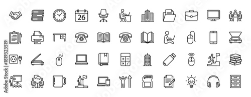 Business line icon set. Vector pictograms of office buildings, desk, computer, documents, calendar, books, meetings, and technology devices, thin linear illustration.