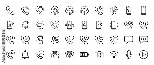 Communication line icon set. Vector pictograms of telephone receivers, mobile phones, headsets, call statuses, speech bubbles, and essential media symbols, thin linear illustration.