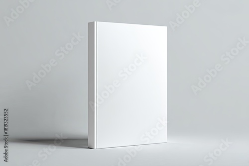 Blank white book standing against a grey backdrop, in a studio-lit setting