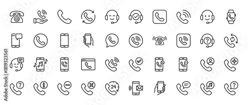 Communication line icon set. Vector pictograms of phone handsets, smartphones, headsets, and call status symbols, thin linear illustration.
