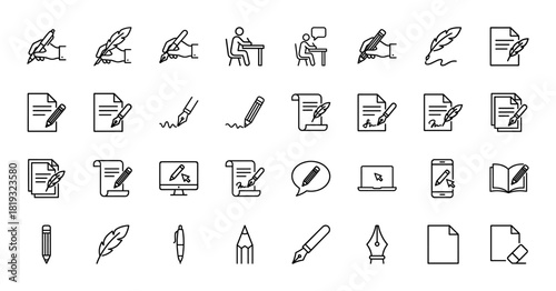 Writing and editing line icon set. Vector pictograms of hand writing, fountain pen, pencil, quill, documents, digital devices, author, book, thin linear illustration.