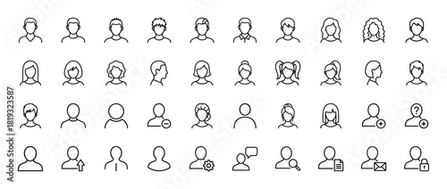 User interface line icon set. Vector pictograms of diverse male and female profiles, groups, add, remove, settings, search, and security, thin linear illustration.