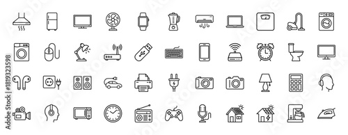 Electronics and home appliances line icon set. Vector pictograms of air conditioner, refrigerator, blender, smartphone, camera, and coffee maker, thin linear illustration.