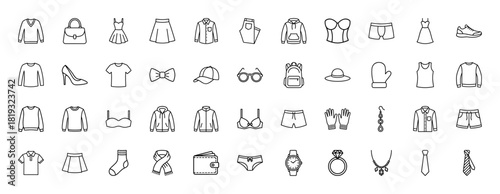Fashion and apparel line icon set. Vector pictograms of clothing, footwear, underwear, headwear, bags, jewelry, and accessories, thin linear illustration.