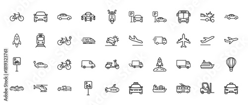 Transportation and logistics line icon set. Vector pictograms of cars, bikes, buses, trains, airplanes, trucks, ships, helicopters, and parking, thin linear illustration.