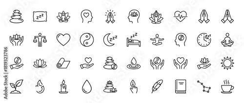Wellness and mindfulness line icon set. Vector pictograms of meditation, yoga, sleep, balance, nature elements, and inner peace symbols, thin linear illustration.