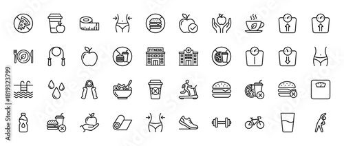 Health, fitness, and nutrition line icon set. Vector pictograms of healthy food, workout equipment, diet elements, and wellness concepts, thin linear illustration.