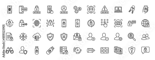 Cybersecurity line icon set. Vector pictograms of password, fingerprint, facial recognition, padlock, shield, server, user, and smartphone security, thin linear illustration.