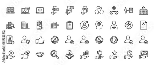 Human resources and recruitment line icon set. Vector pictograms of communication, laptops, office buildings, job search, documents, users, targets, and financial elements, thin linear illustration.