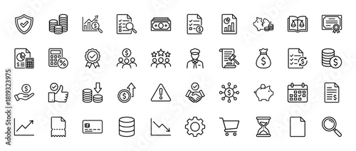 Business, finance, and legal icon set. Vector pictograms of money, coins, documents, charts, security, law, certificate, piggy bank, credit card, receipt, and hourglass, thin linear illustration.