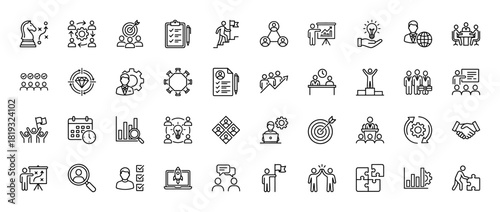 Business management line icon set. Vector pictograms of strategy, goals, meetings, presentations, ideas, analysis, teamwork, and success, thin linear illustration.