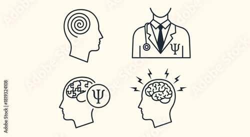 Vector illustration of mental health and psychology concept with brain and head isolated on