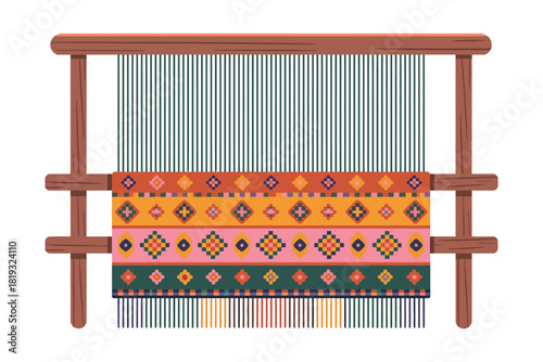 A colorful woven textile is being created on a traditional loom.