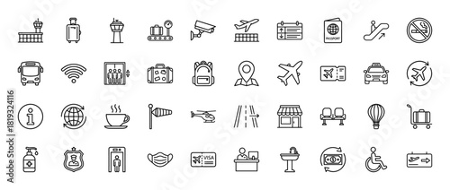 Travel and airport line icon set. Vector pictograms of control tower, airplane, passport, luggage, transportation, security, and information, thin linear illustration.