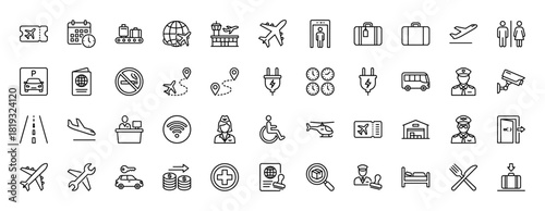 Aviation and travel services line icon set. Vector pictograms of airport, airplane, luggage, passport, ticket, security, pilot, and transit, thin linear illustration.