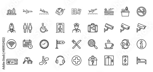 Airport and travel services line icon set. Vector pictograms of airplanes, passports, luggage, pilot, security, Wi-Fi, navigation, and hospitality, thin linear illustration.
