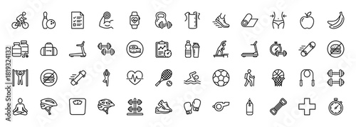 Fitness and sports line icon set. Vector pictograms of kettlebell, barbell, smartwatch, cyclist, running, gym bag, yoga, soccer, tennis, and boxing, thin linear illustration.