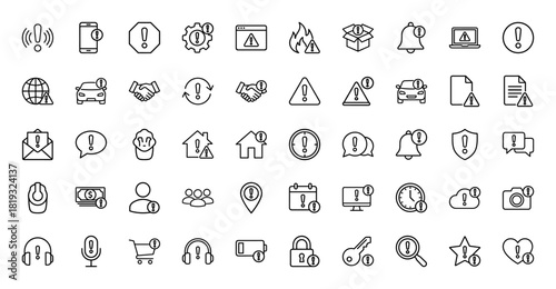 Warning and alert line icon set. Vector pictograms of bell, gear, smartphone, car, document, shield, monitor, and shopping cart status, thin linear illustration.
