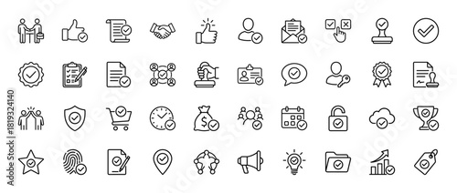 Verification and approval line icon set. Vector pictograms of documents, users, handshakes, timestamps, security shields, shopping carts, and cloud storage, thin linear illustration.