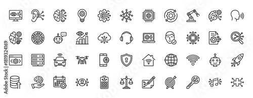 Artificial intelligence and technology line icon set. Vector pictograms of brain, robot, data, chip, cloud, security, drone, IoT, and automation, thin linear illustration.
