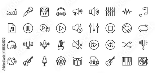 Music and audio technology line icon set. Vector pictograms of speaker, headphones, microphones, musical instruments, playback controls, and sound settings, thin linear illustration.