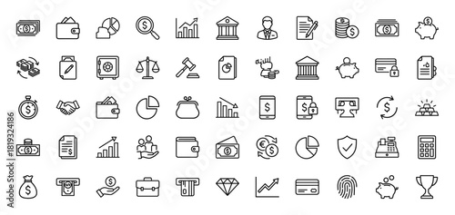 Finance and business line icon set. Vector pictograms of money, documents, charts, safe, wallet, credit card, and currency exchange, thin linear illustration.