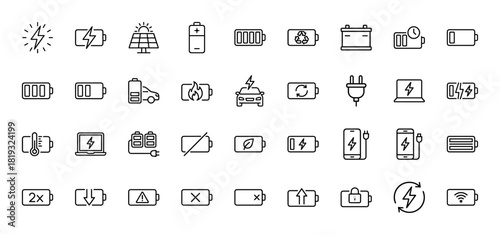 Energy and battery line icon set. Vector pictograms of charging, power, solar panels, electric vehicles, and battery status, thin linear illustration.