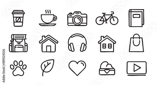 Line Art Icon Collection Featuring Coffee Travel Backpack Home and More