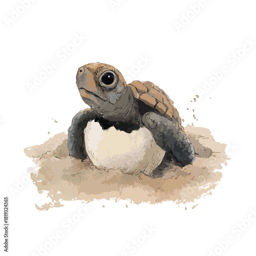 Cute Baby Sea Turtle Hatching from Egg on Sand.
